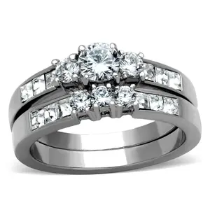 Three-Stone Type Twins Round CZ Stainless Steel Wedding Rings Set