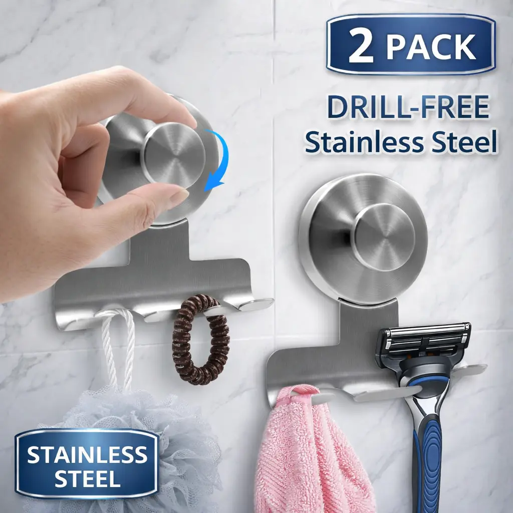 Contemporary Strong Suction Cup Razor Holder - Heavy-Duty Removable Damage-Free Stainless Steel Bathroom Hook with Secure Grip, Includes Multifunctional Hook for Towels & Loofahs, Plus Shower Mount Rails, Shower Suction Cup Hooks
