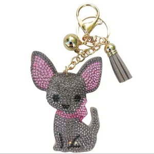 Gray Chihuahua Bling Keychain with Pink Rhinestones and Tassel Charm for Fashion Accessories