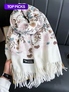Boho Style Plant Embroidery Double Sided Scarf, Casual Soft Warm Fringe Trim Floral Embroidered Shawl for Women & Men, Fashion Accessories for Daily Wear