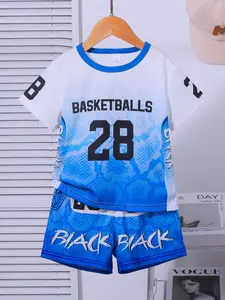 Summer Boys' 2-Piece Set Mesh Basketballs Number 28 Print Round Neck Short Sleeve + Shorts Casual Sporty Toddler