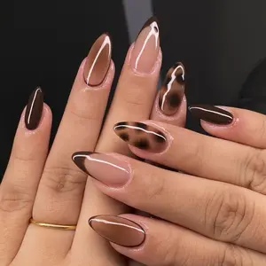 24 Almond Shape Nail Tips, Nude Base with French Tip & Tortoiseshell Print, Glossy Reusable False Nails, Includes Jelly Glue & File