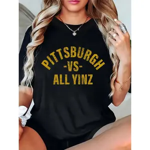 Women's Pittsburgh Vs All Yinz Distressed Graphic T-Shirt, Casual Daily/Game Day Wear for Pittsburgh Enthusiasts, Vintage Style Short Sleeve Tee 100% Cotton T-shirt