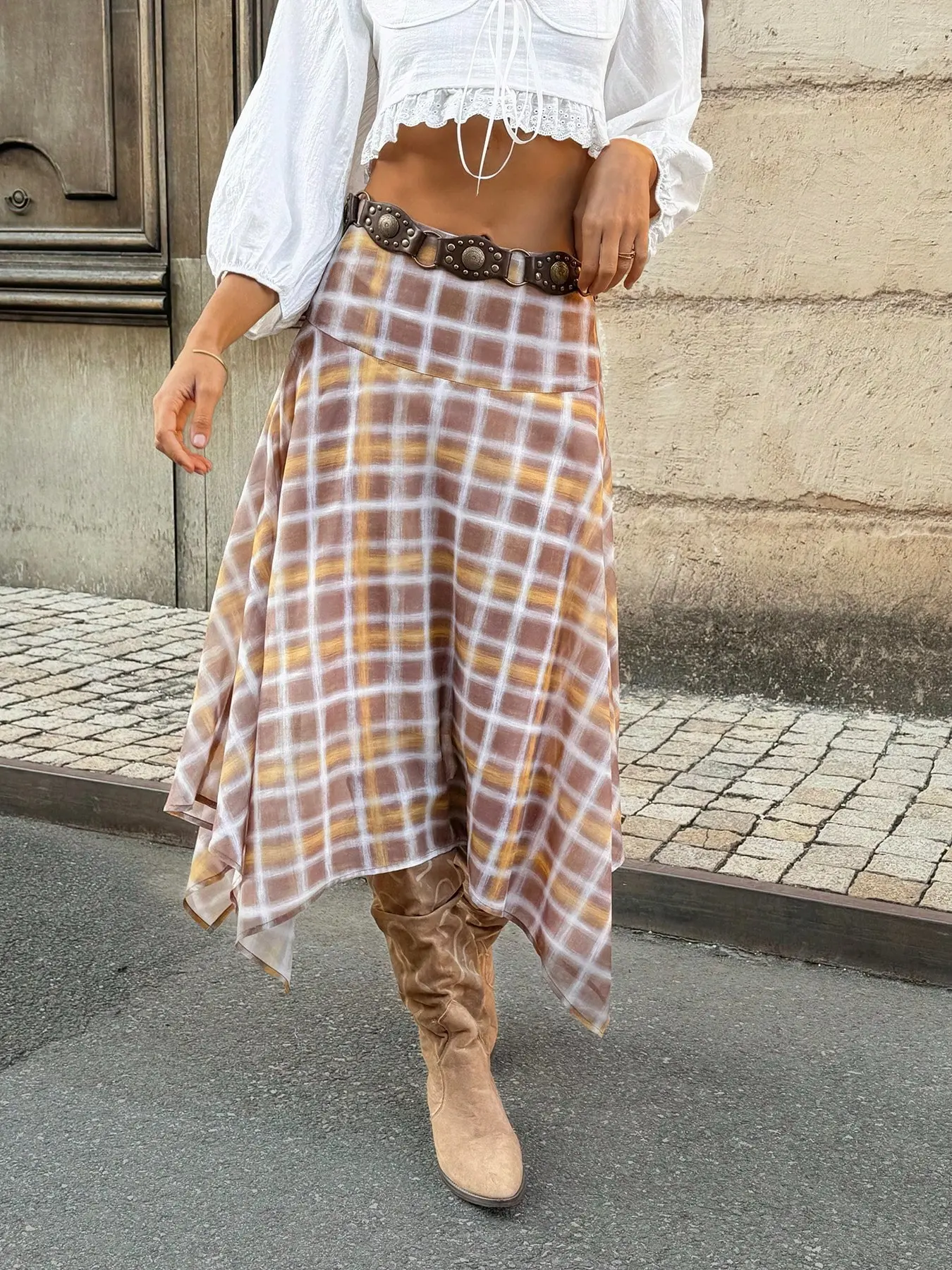 Women Yellow Plaid Asymmetrical Midi Skirt High Waist A Line Flowy Irregular Hem Boho Vintage Streetwear Casual Chic Autumn Western Style Skirt Lightweight Swing Skirt Lightweight Skirts, Street Fashion Skirt