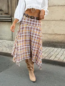Women Yellow Plaid Asymmetrical Midi Skirt High Waist A Line Flowy Irregular Hem Boho Vintage Streetwear Casual Chic Autumn Western Style Skirt Lightweight Swing Skirt Lightweight Skirts, Street Fashion Skirt