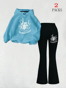 Y2K Dark Sweet Cool Set, 2 Piece Outfit Skull Flower Graphics Sweatshirt & High Waist Flared Bell Bottoms, Back-To-School, Youthful, Trendy, Casual and Everyday