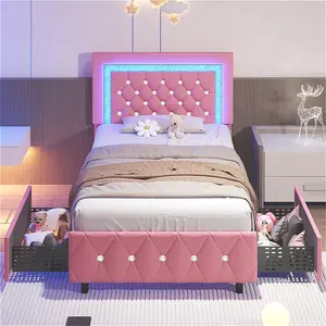 Twin/ Full/ Queen/ King Size Bed Frame With Storage Drawers, Upholstered LED Bed Frame With Headboard, Diamond Tufted Design, No Box Spring Needed, Twin/ Full/ Queen/ King, Pink/ Black/ White/ Purple/ Yellow (Twin Size 2 Drawers/ Other Size 4 Drawers)