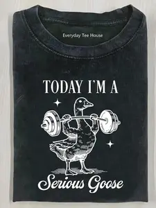 Men'S Funny "Today I'm a Serious Goose" Graphic T-Shirt - 230g Heavyweight Washed Streetwear Tee with Weightlifting Goose Design, Loose Fit Casual Shirt for Gym, Outdoor & Gifts (Halloween, Thanksgiving, Christmas) - All-Season Comfort, Dur