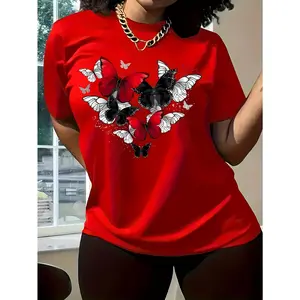 Women's Red Geometric Butterfly Print 100% Cotton T-Shirt - Loose Fit Round Neck Short Sleeve Casual Top, Breathable & Machine Washable for Spring/Summer Daily Wear, Relaxed Fit Tee, Comfortable Tee