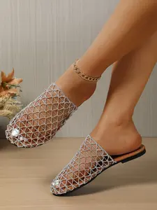 Women's Hollow Woven Mesh Mules Retro Square Toe Flat Slide Sandals for Casual & Vacation Wear