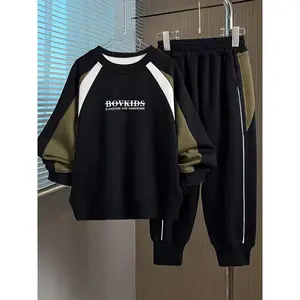 (New) Child-Sized Boys' 2-Piece Spring-Autumn Sweatshirt Set - Clean Stylish Crew Neck, Elastic Waistband, Letter Prints, Suitable for Outdoor Sports, Child-Sized Boys' Sets