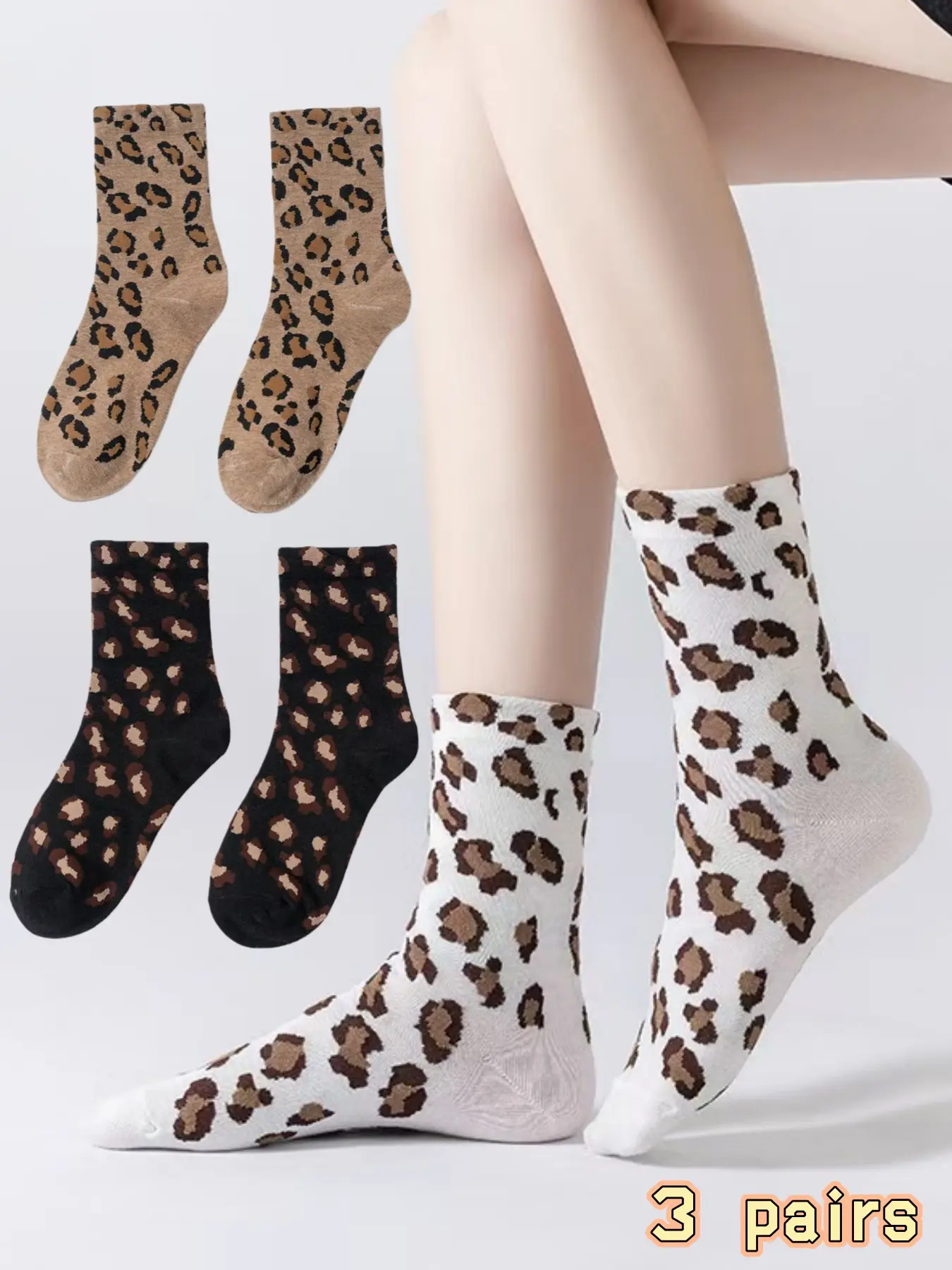 3 pairs of women's mid-calf leopard print socks, breathable, sweat-absorbent, comfortable, fitted, trendy animal pattern, versatile, All Season Socks, suitable for daily casual wear, sports
