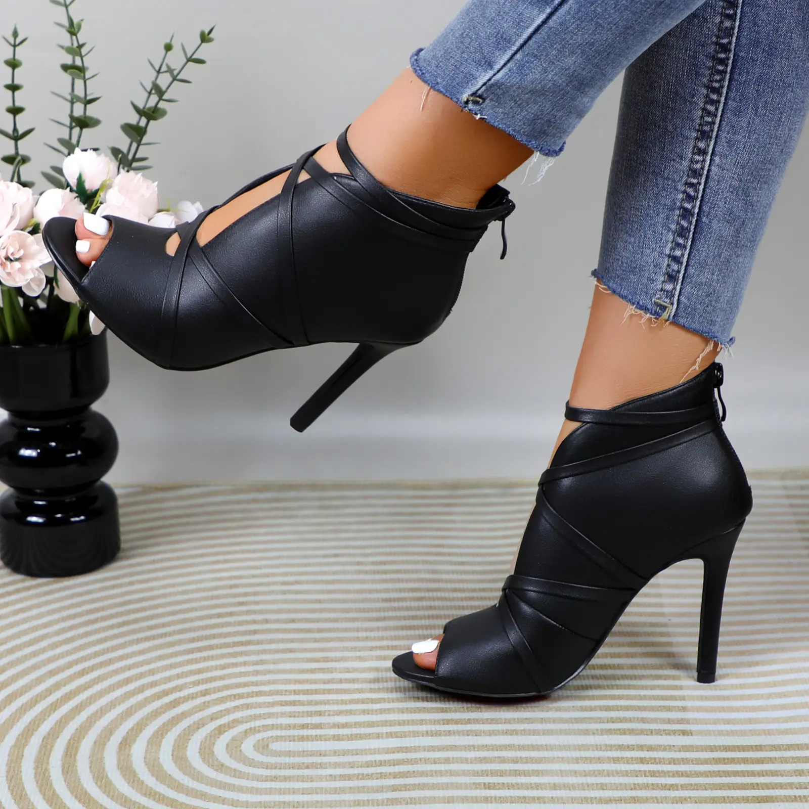 Women's Peep Toe Ankle Booties 4-inch Stiletto High Heel Sandals PU Leather Sexy Strappy Cutout Fashion Comfortable Short Boots Heeled Ballroom Dance Footwear Casual Dress Shoes with Back Zipper for Party Wedding