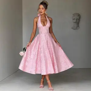 V-neck Halter Sleeveless Jacquard Tie Waist Vacation Style Long Dress High-end Gown Trendy Formal Womenswear