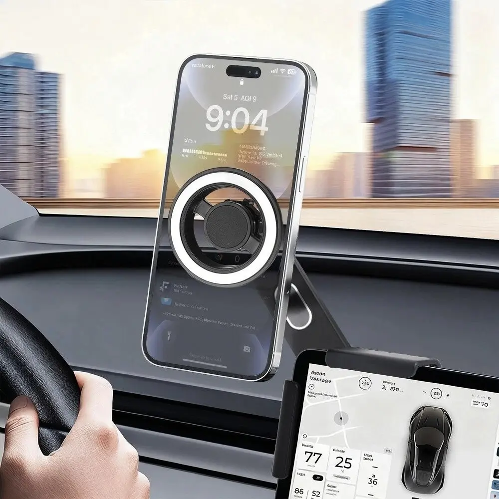 For Tesla Screen Phone Mount, MagSafe Strongest Magnet Power Magnetic Car Phone Holder Mount for Tesla Model 3/Y/S/X/Cybertruck/Juniper Accessories Fits for All iPhone & Android Phones - with Magnetic Ring
