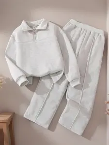 Girls' 2-Piece Fleece-Lined Casual Fashion Set, Zipper Design Long Sleeve Sweatshirt & Elastic Waist Pants, Warm Comfortable Fall Winter
