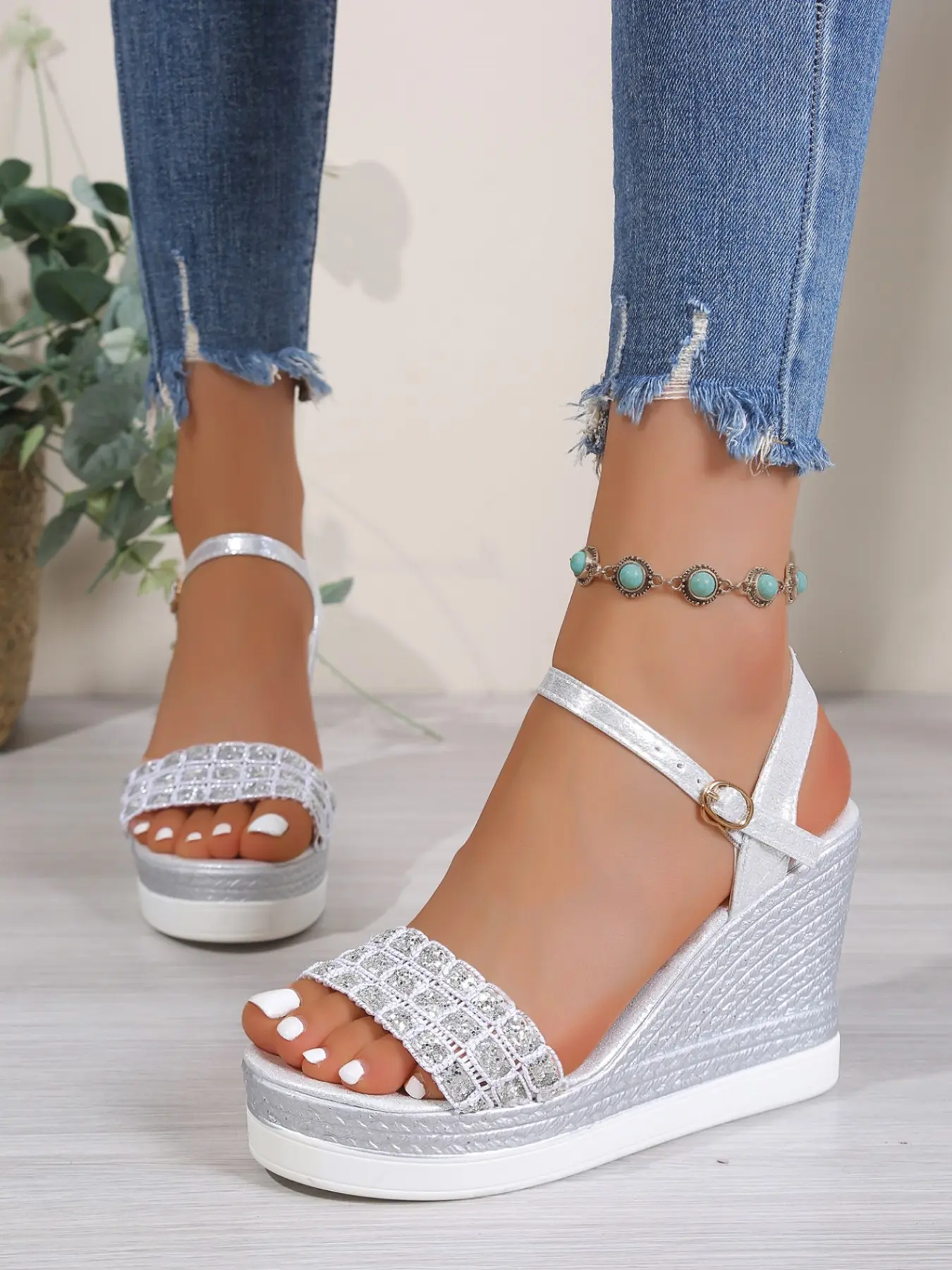Women’s Platform Wedge Sandals – Glitter Strappy Metallic Silver/Champagne Ankle Strap Open Toe Summer Shoes Comfortable Dressy Casual Vacation Wedding Sandals