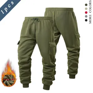 Men's solid color sweatpants with elastic waistband and fleece lining, jogger style with ankle cuffs, pockets, suitable for autumn and winter wear.