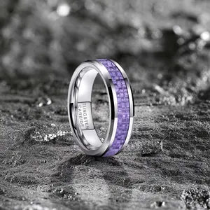 Rings for Women 6MM Silver Tone Tungsten Engagement Ring With Purple Carbon Fiber Inlay Promise Rings for Girlfriend