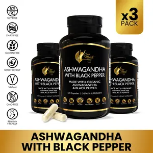 3 Bottles of Coco March N.M.D Ashwagandha with Black Pepper Vegan Supplement for Stress Balance & Sleep - 360 Capsules per Pack