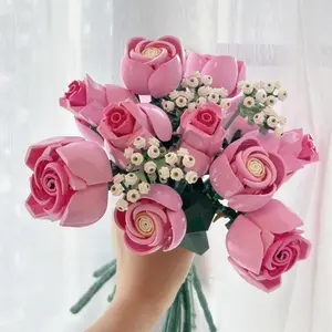 10374 Pink Artificial Rose Bouquet Eternity Flower Building Blocks Valentine's Day Assembly Toy Girl Gift Baby's Breath Rose Building Blocks Toy Valentine's Day Gift for Girls on Festivals Artificial Flowers