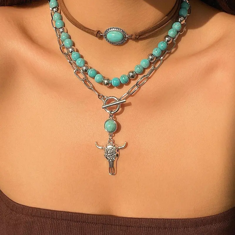 Vintage Cow Head Decor Beaded & Pendant Necklaces, Boho Style Turquoise Decor Necklace for Women & Girls, Party, Daily Clothing Decor, Birthday Gift, Daily Wear Necklace, Boho Style Jewelry, Jewelry Gifts