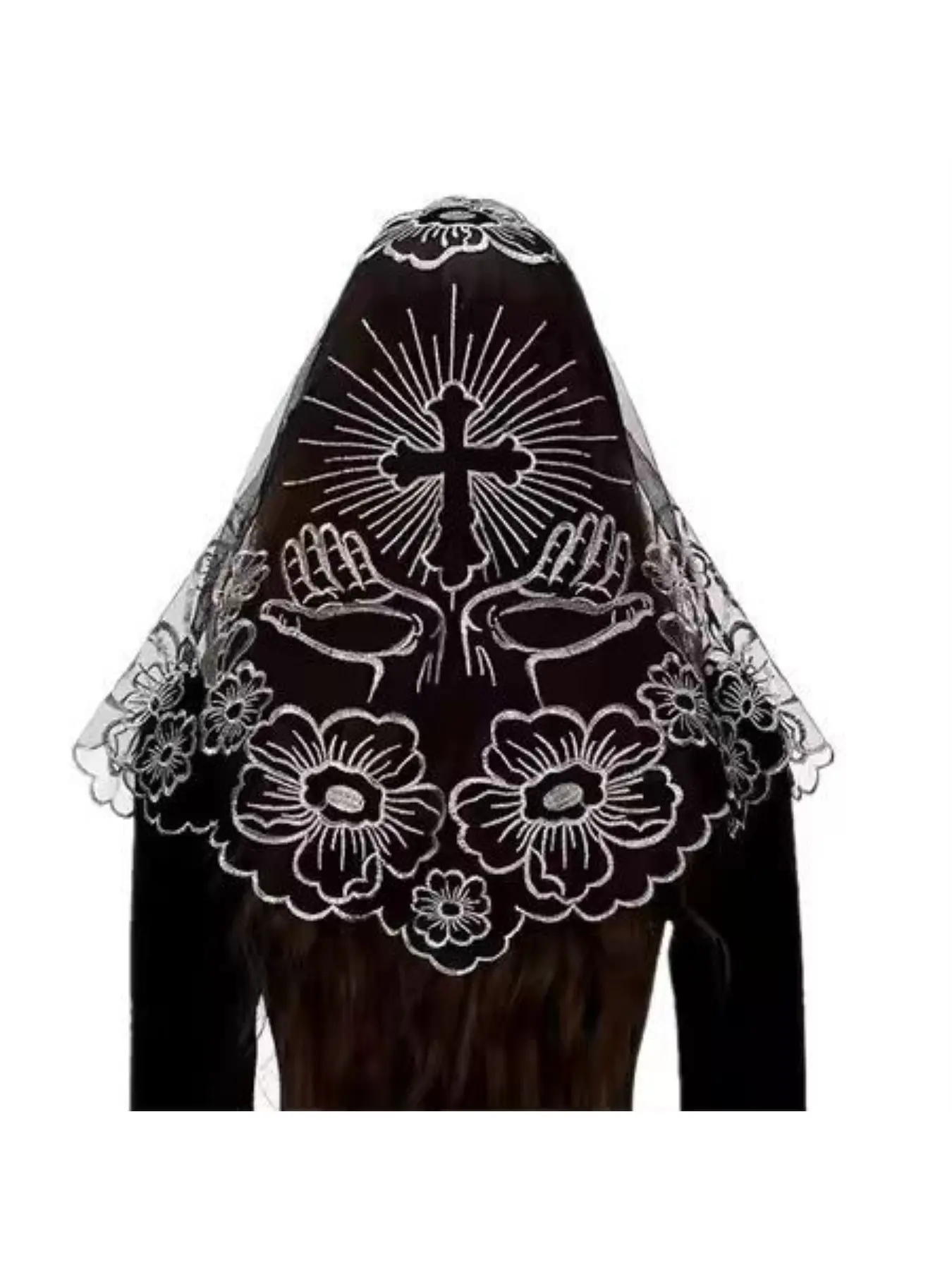 New Gothic-style cross lace headscarf, vintage nun-style embroidered veil, photo styling accessory