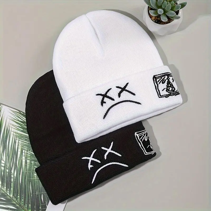 Sad Face Embroidered Knit Hat, Unisex Cuffed Hip Hop Style Skull Cap for Men & Women, Warm Winter Wear, Knit Hats