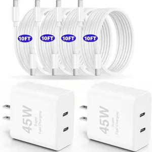 45W Dual Port USB C Fast Charger for iPhone 17/ Air/16/15 Pro Max, 4pcs 10ft Type C Charger Block & Cable, PD 3.0 Super Fast Charging for iPad Pro, AirPods