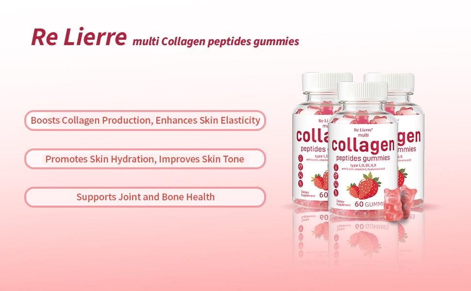 RE LIERRE Multi Collagen Gummies | 5 Types Peptides with Biotin & Hyaluronic Acid | Anti-Aging & Radiant Skin Supplement | Strawberry 60 Ct