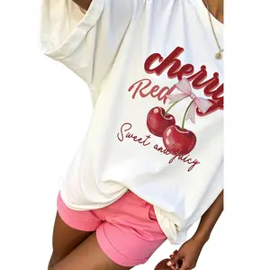 Women's Cherry & Letter Print Round Neck Graphic Tee, Womenswear Vintage Trendy Casual Short Sleeve T-shirt for Daily Wear, Ladies All Seasons Outfit, Summer Top