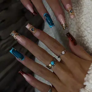 NS17 Turquoise Frame Press-On Nails, Gold Metal Detail with Blue Stone Accent, Custom Press-On Nail, Western Luxe Style, Gifts for Her, Solana Nails Town