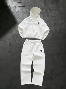 Men's Minimalist Hooded Sweatshirt Set Outfit | High-Quality Soft Fabric | Zip-Up Hooded Jacket + Wide-Leg Sweatpants | Logo | Comfortable and Stylish | Suitable for Casual Outings and Home Wear | Multiple Neutral Colors Available