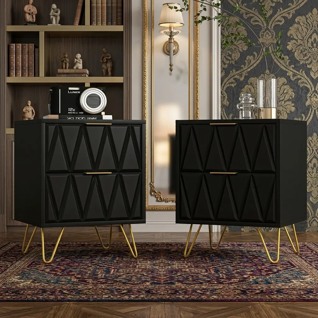 Midcentury Modern 2-Piece Wooden Nightstand Set - Classic Retro Carving, 2 Storage Drawers, Luxury Golden Metal Legs, Installation Tool, Easy Setup, Assembly Required, Multifunctional Indoor Bedroom Furniture