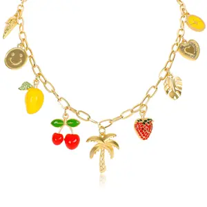 Plated Paperclip Chain Beach Charm Necklace For Women Cute Shell Bow Dainty Beachy Starfish Seashell Strawberry Fruit Heart Mermaid Summer Gift