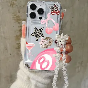 Pink Cherry Bow Leopard Stars Phone Case, Y2K Sweet & Edgy Protective Shockproof Wear-resistant with Bow Charm Strap Fits iPhone 11–17 Pro Max Compatible with iPhone 11/12/13/14/15, 16 Pro Max/16 Pro/16P