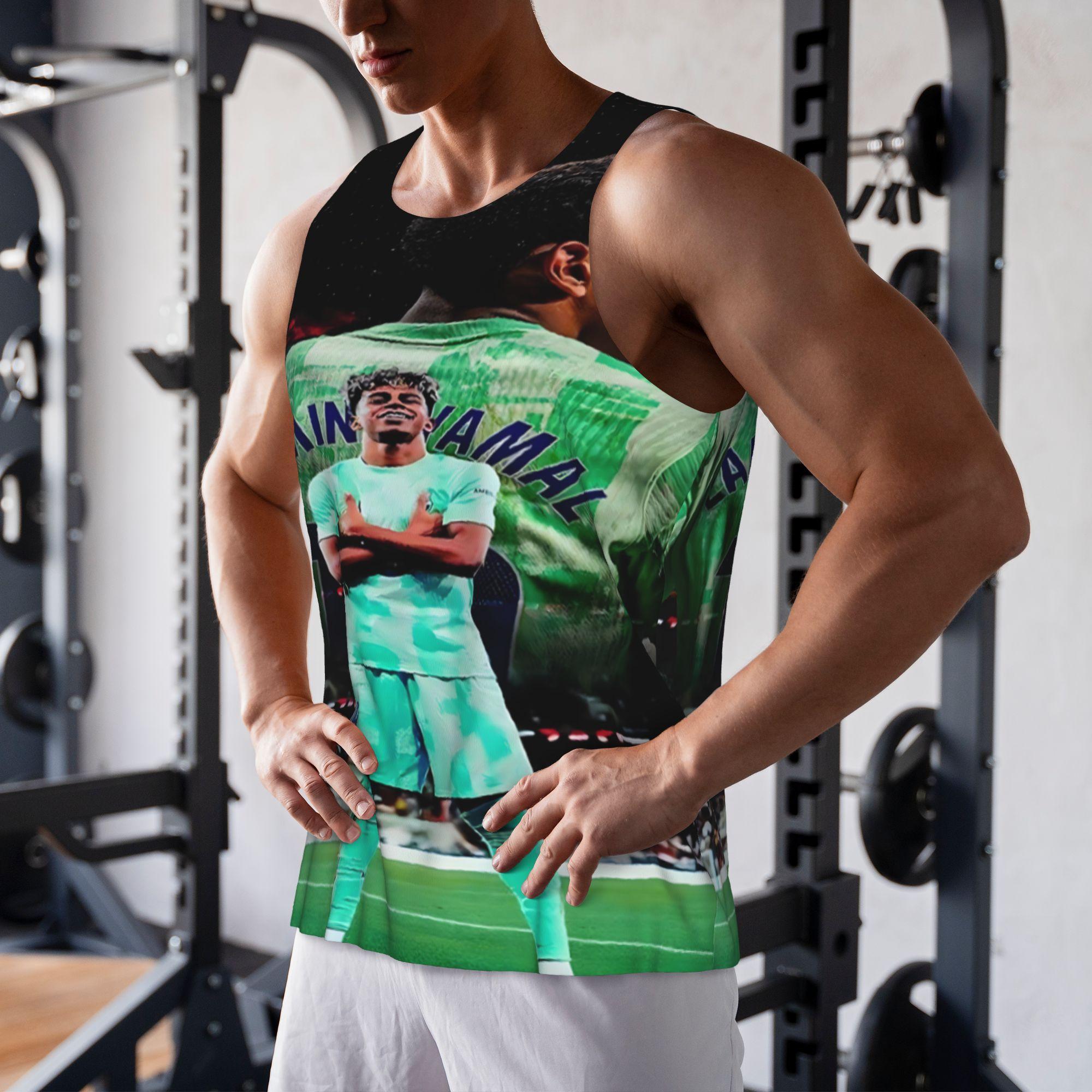 Stand Out With Yamal! Barcelona Mint Green Graphic Muscle Tank Barcelona Lamine Yamal #19 Print Muscle Shirt Summer Vest for Soccer Lovers