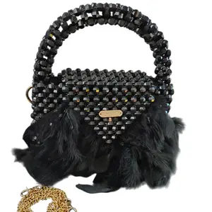 Gidi Vibes Beaded Feather Handbag for Special Occasions in Black with Gold Chain and Handcrafted Artistry