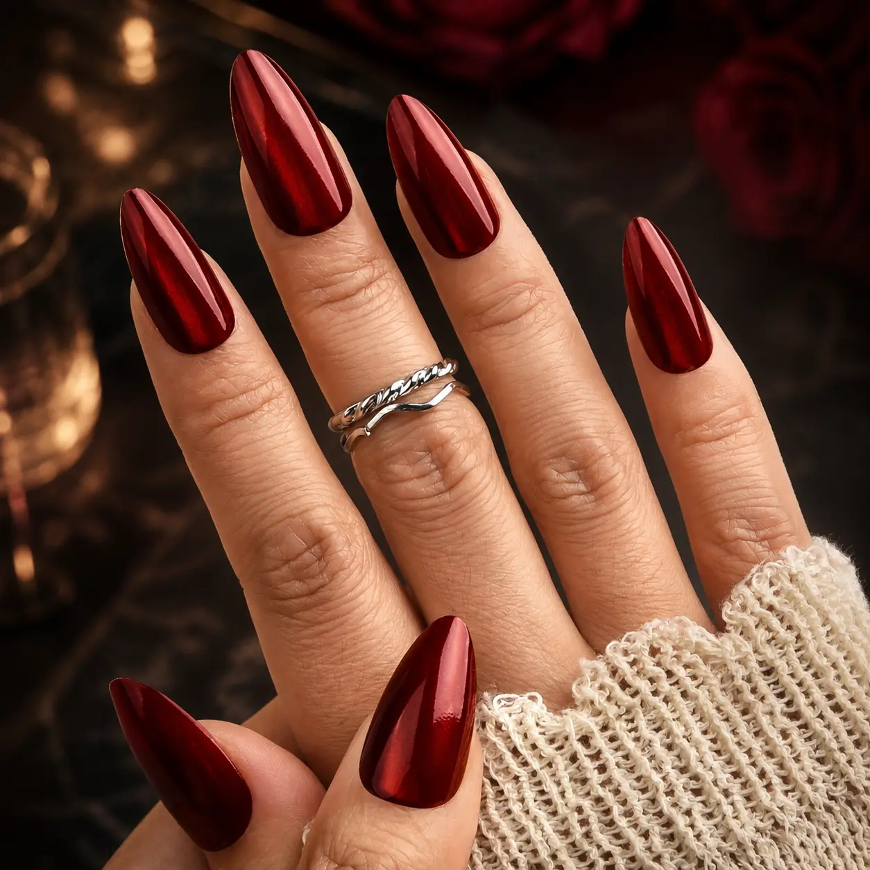 Burgundy Cat Eye Press On Nails Long Almond 24PCS, Glossy Deep Red Metallic Fake Nails, Elegant Ruby Chrome Stick On Nails for Date Nights, Parties, Weddings, Holiday Events & Evening Wear