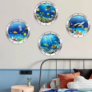 4 Piece Set Underwater World Ocean Animal Wall Stickers, Decorative Wall Sticker, Colorful Turtle Fish Fake Window Wall Decals, 3D Removable Sea View for Living Room Bathroom Toilet Bedroom