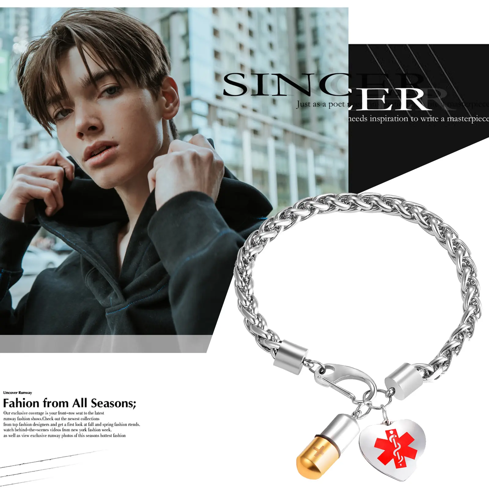OIDEA Engravable Medical Alert ID Bracelet - 7.87in Stainless Steel Customized Bracelet, Heart Charm Pill Locket, Caduceus Mark, Emergency Aid for Loved Ones Managing Chronic Conditions, Women's Birthday Gift, 7.87 Inch, Engraving, Medical Id Bracelet, Un