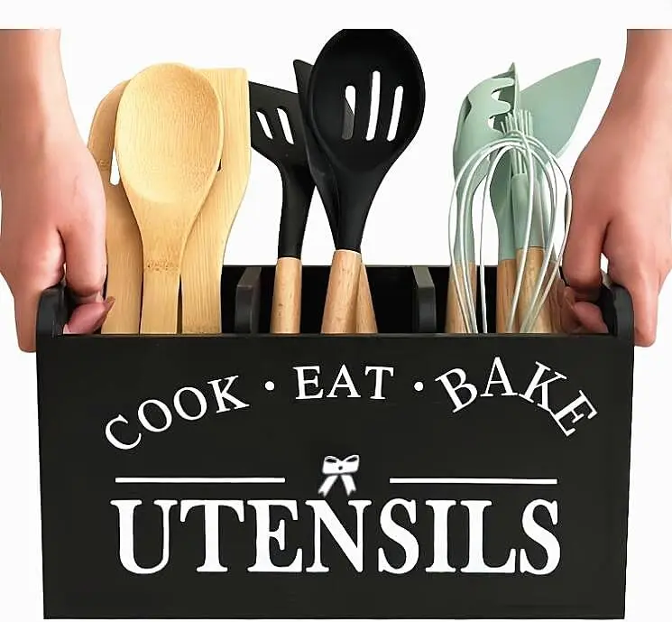 Single Unit 3-Compartment Rectangular Wooden Farmhouse Kitchen Utensil Holder - Countertop Organizer with Lettered Raised Back, Cooking Tool Storage for Home Use & Decor