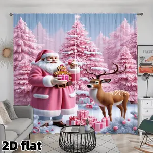 2D Flat 2Pcs Pink Christmas Santa Deer Pattern Curtains Rod Pocket Design Semi Sheer Polyester Holiday Theme Window Treatment Forest Scene Print Decor Suitable for Living Room Bedroom Party Home Decoration Gift Privacy Protection