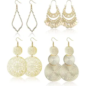 FINREZIO 4 Pairs Golden Gorgeous Vintage Boho Filigree Dangle Earrings Set for Women Men Assorted Boho Hollow Teardrop Crescent Layered Circle Drop Earrings Lightweight Statement Stainless Steel Jewelry Set for Rave Party Daily Outfit Gifting