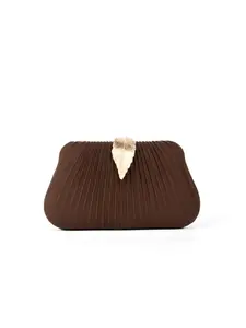 Women's Chocolate Color Pleated Clutch Bag, Elegant Stylish Purse, Metal Leaf Buckle Design, Elegant Shiny Evening Shoulder Crossbody Bag, Perfect for Weddings & Parties