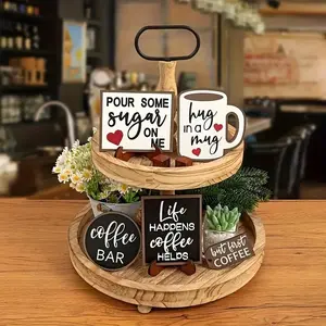 Coffee Themed Tiered Tray Decor, 9 Counts/set Wooden Coffee Bar Sign, Creative Coffee Bar Decor, Home Coffee Bar Decor, Coffee Shop Decor