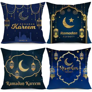 4pcs Ramadan Kareem Ramadan Throw Pillow Covers Blue Night Sky Stars Geometric Patterns Crescent Moon Fanous Ramadan