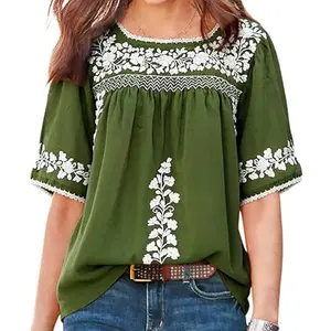 Chvity Bohemian-Style Embroidered Top | Loose Fit with Puff Sleeves | Square Neck, Short Sleeve | Festive Occasion Wear | Flattering & Slimming | Plus-Size Fashion Choice