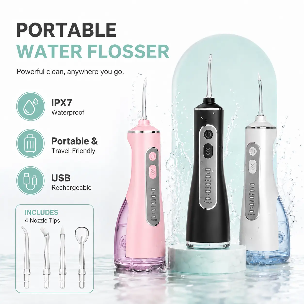 Rechargeable Cordless Water Flosser, IPX7 Waterproof Oral Irrigator with 4 Modes, DIY Setting & Multiple Tips for Tongue Cleaning & Braces