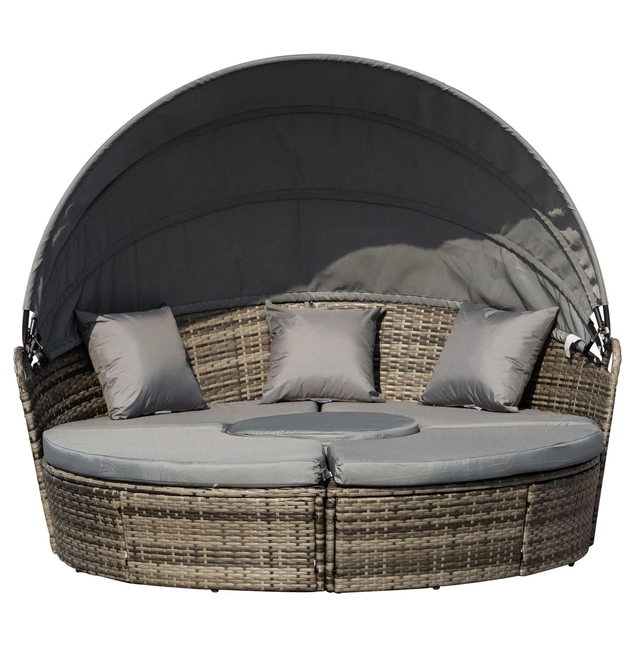 Dark Gray 4PC Rattan Weave Patio Set - Round Shape Canopy Daybed & Sectional Sofa, Convertible Outdoor Furniture for Backyard, Lounge